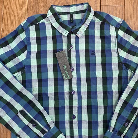 STILE BENETTON Button Up Shirt Boy Large White Blue Green Plaid New - Picture 2 of 6